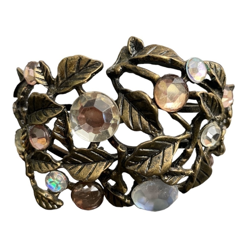 Vintage Floral and Foliage cuff bracelet. Peach and crystal rhinestones